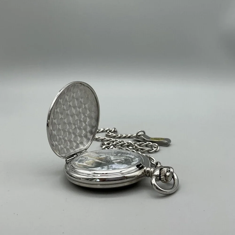 Al Agnew Pocket Watch Men 47mm Silver Tone Wolf Art Full Hunter Chain